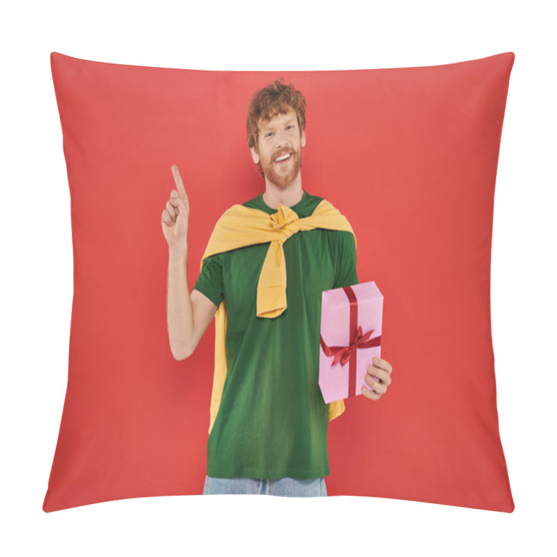 Personality  Celebration, Happy Redhead Man With Beard Posing In Casual Attire On Coral Background, Holding Gift Box, Festive Occasions, Present, Fashion And Trend, Happiness, Holiday, Pointing With Finger Pillow Covers