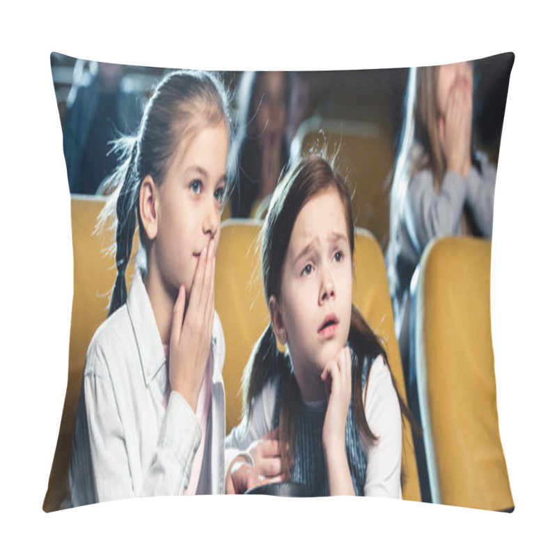 Personality  Panoramic Shot Of Cute Worried Children Watching Movie And Holding Hands Near Faces Pillow Covers