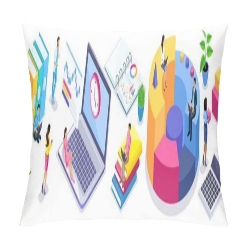 Personality  Isometric Set Of People And Business Icons On A White Background. People In The Process Of Work, Startups, Entrepreneurs, Beginning Businessmen, Freelancers Pillow Covers