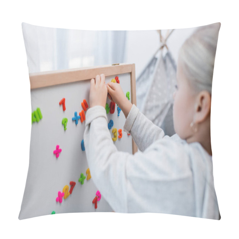 Personality  Blurred Girl Playing With Magnets On Easel At Home  Pillow Covers