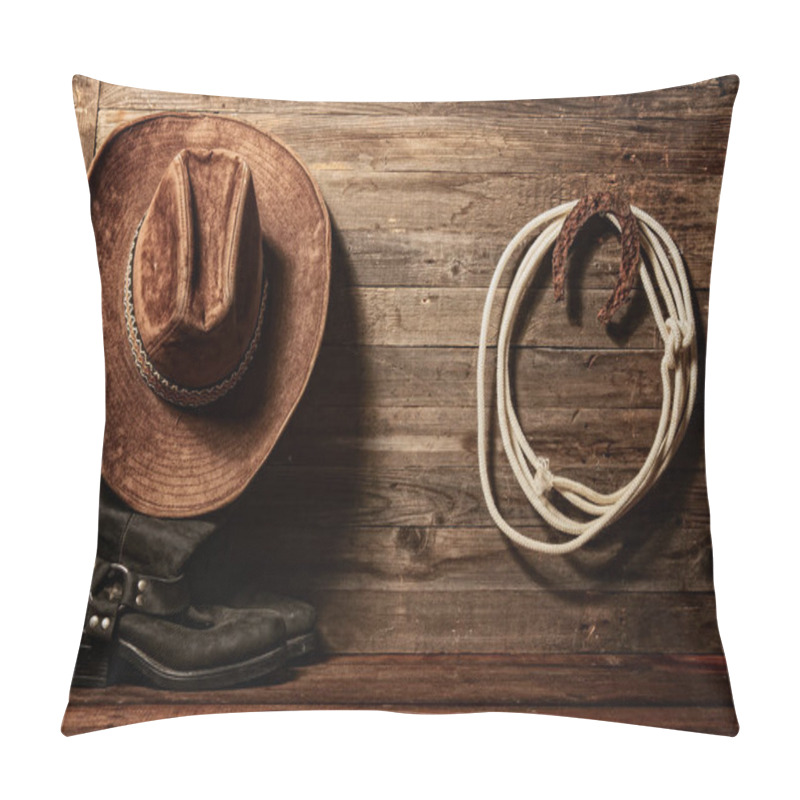 Personality  Very Rusty Old Horseshoe Symbol Of Good Luck And Lasso Hanging On A Wooden Wall Cowboy Hat And Boots Pillow Covers