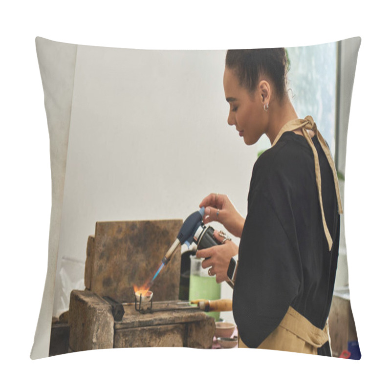 Personality  An Artisan Carefully Uses A Torch To Melt Metal While Creating Stunning Jewelry Designs. Pillow Covers