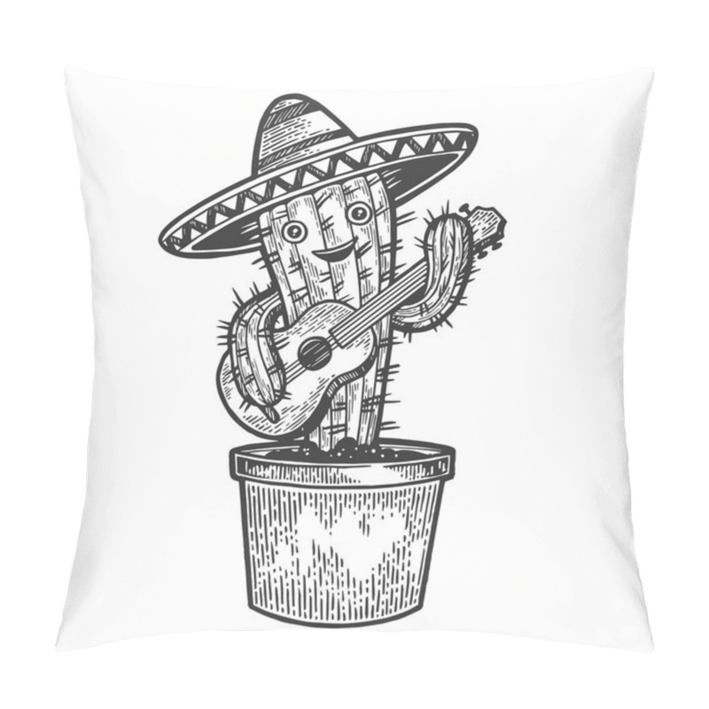 Personality  Cartoon Mexican Cactus Character With Guitar And Sombrero Engraving Sketch Vector Illustration. Scratch Board Style Imitation. Black And White Hand Drawn Image. Pillow Covers