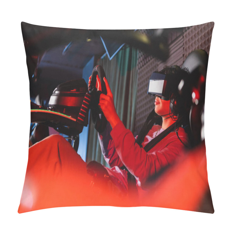 Personality  Teenager In Vr Headset Gaming On Car Racing Simulator On Blurred Foreground Pillow Covers