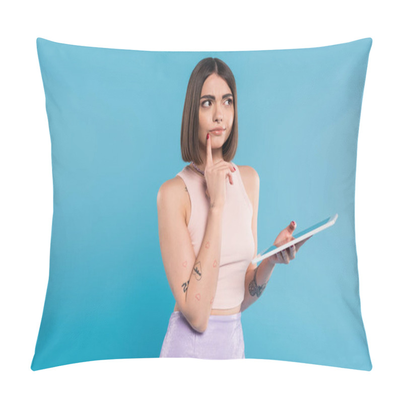 Personality  Brunette Young Woman With Short Hair, Tattoos And Nose Piercing Digital Tablet Laptop On Blue Background, Generation Z, Summer Trends, Attractive, Social Media Influencers, Tablet User, Pensive  Pillow Covers