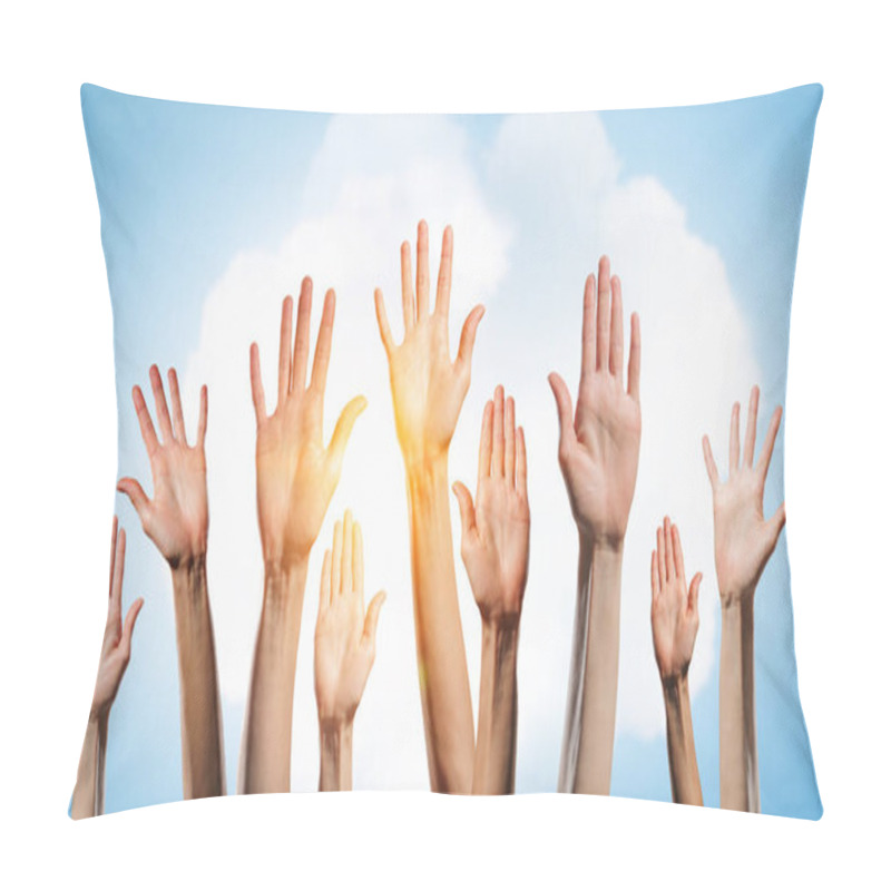 Personality  Group Of People Rise Hands . Mixed Media Pillow Covers