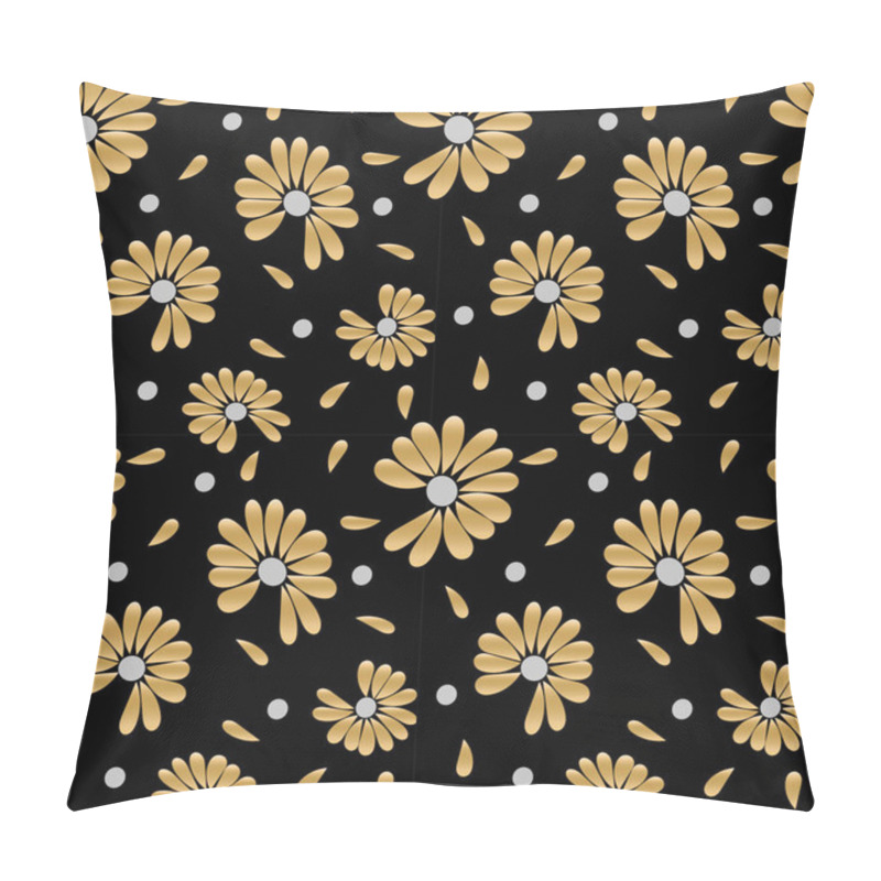 Personality  Summer Golden Seamless Pattern. Chamomile Flowers For Fortune Telling, Love Or Not Love. Vector Drawing In Fashionable Colors, Black Background. Pillow Covers