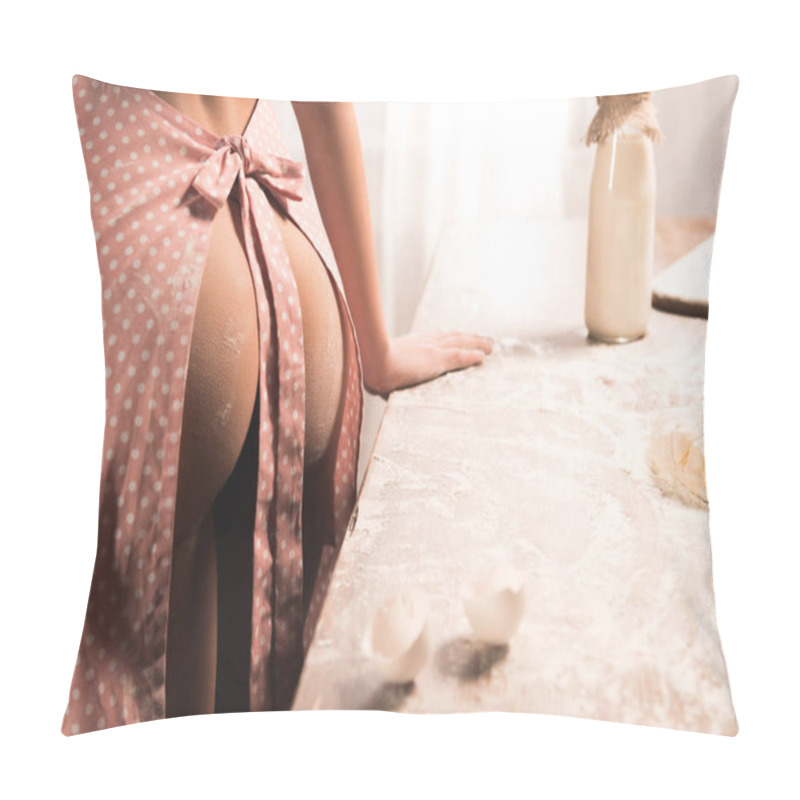 Personality  Close-up Partial View Of Naked Young Woman In Apron Cooking At Home  Pillow Covers