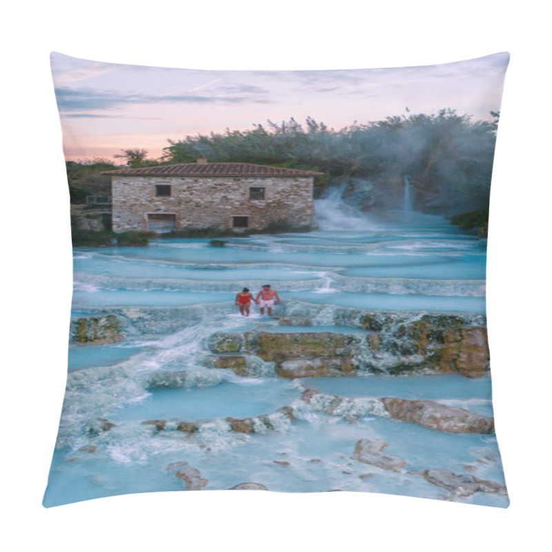 Personality  A Diverse Couple Enjoy The Soothing, Natural Thermal Baths Of Saturnia, Where Cascading Waters Create A Stunning Blue Landscape Under The Enchanting Colors Of The Sunrise In Italy Pillow Covers