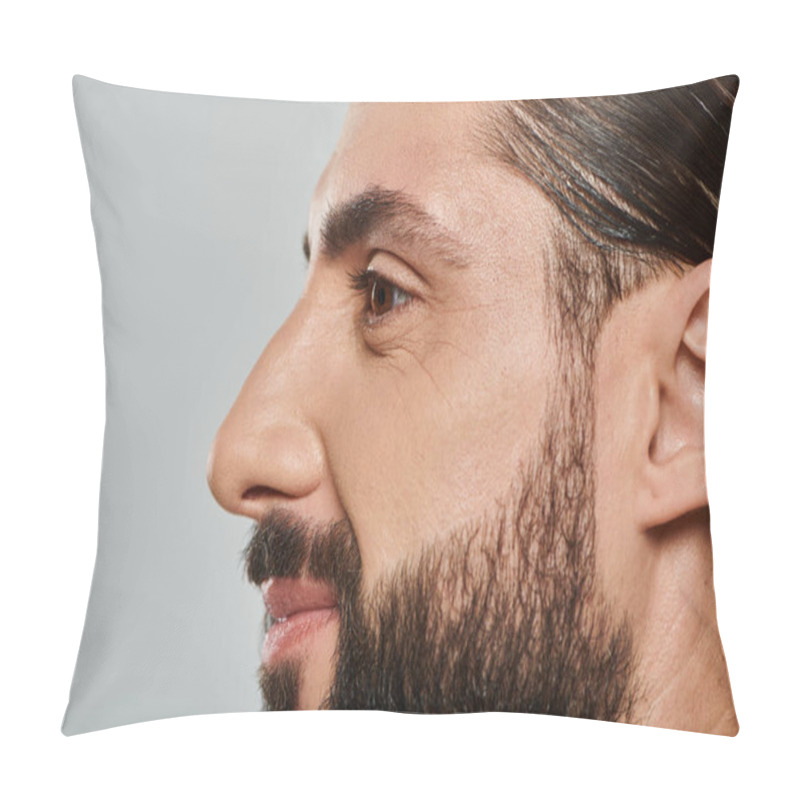 Personality  Profile Of Cheerful Arabic Man With Beard Smiling And Looking Away On Grey Background Pillow Covers