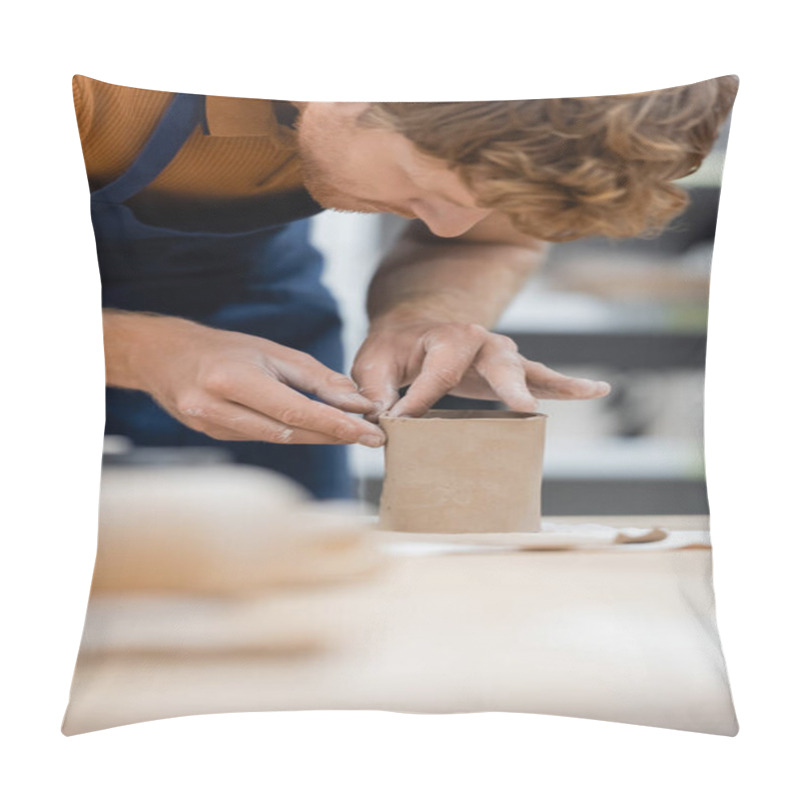 Personality  Curly And Bearded Man With Red Hair Shaping Clay Piece Into Cup  Pillow Covers