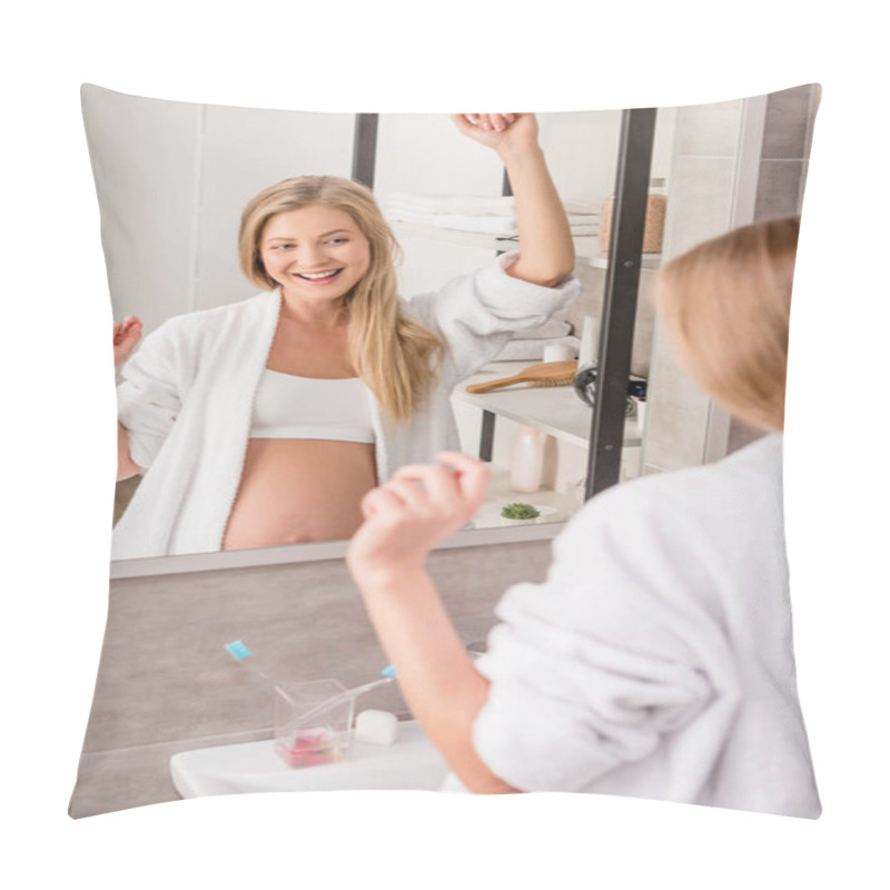 Personality  Happy Attractive Pregnant Woman In Bathrobe Dancing In Front Of Mirror In Bathroom Pillow Covers