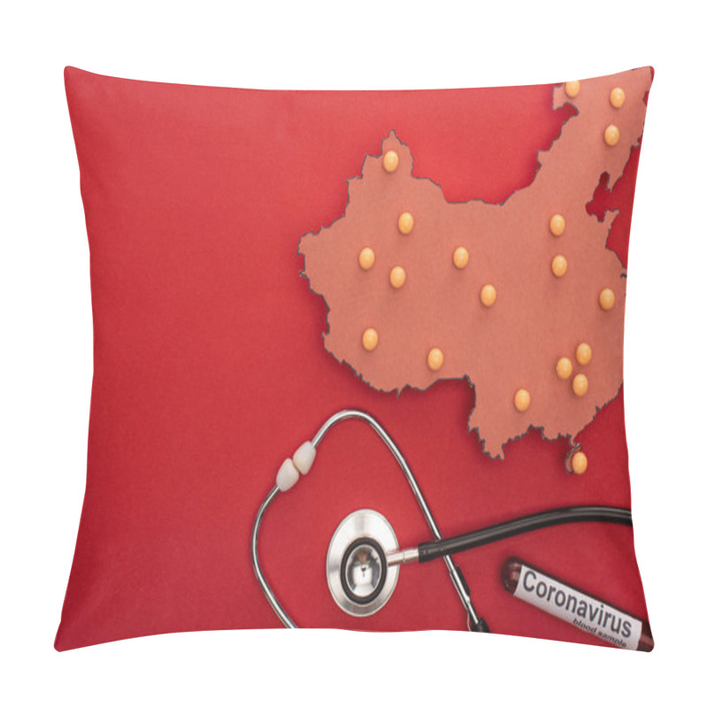 Personality  Top View Of Push Pins On Map Of China With Stethoscope And Test Tube With Coronavirus Lettering On Red Background Pillow Covers