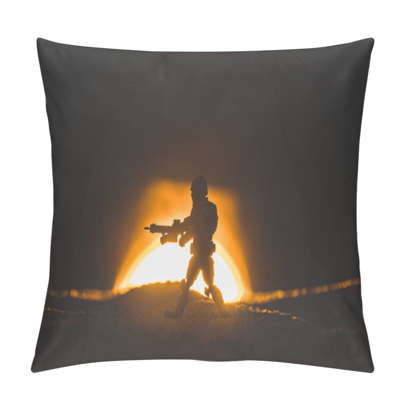 Personality  Silhouette Of Toy Soldier Walking With Gun On Sun Background Pillow Covers