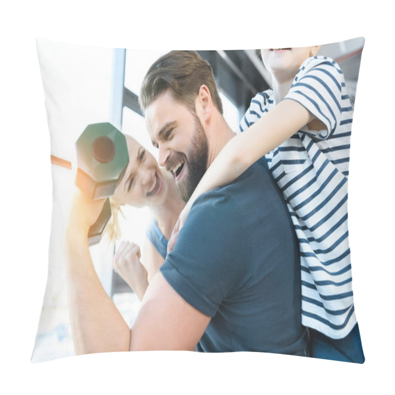 Personality  Happy Young And Girl Looking Guy Workout With Dumbbell Pillow Covers