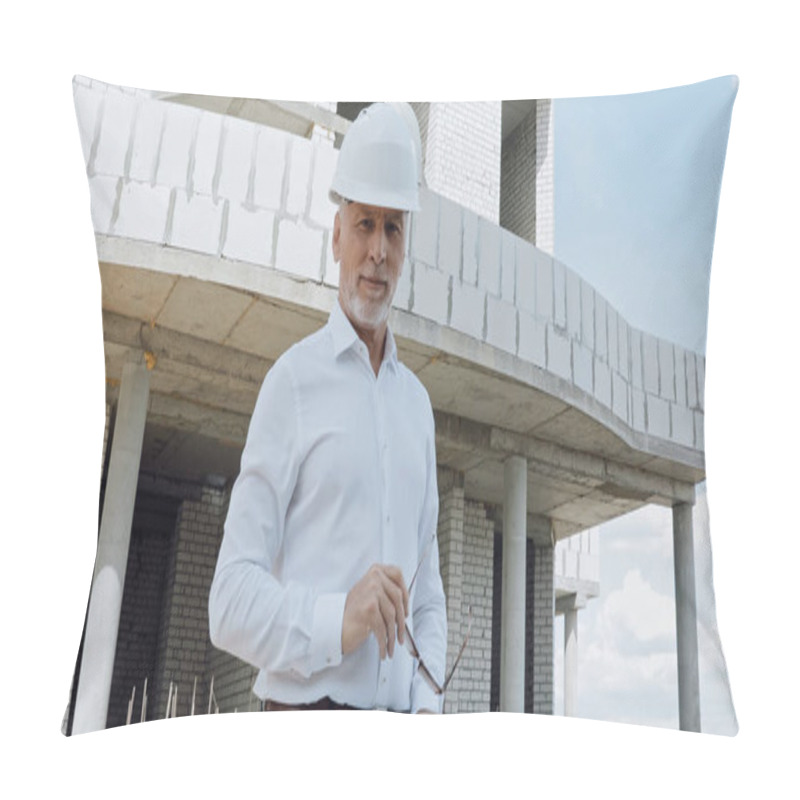 Personality  Mature Engineer Holding Eyeglasses On Construction Site Pillow Covers