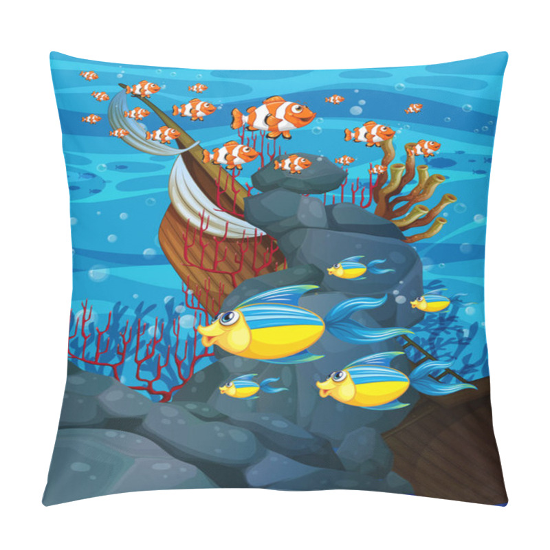 Personality  Many Exotic Fishes Cartoon Character In The Underwater Background Illustration Pillow Covers