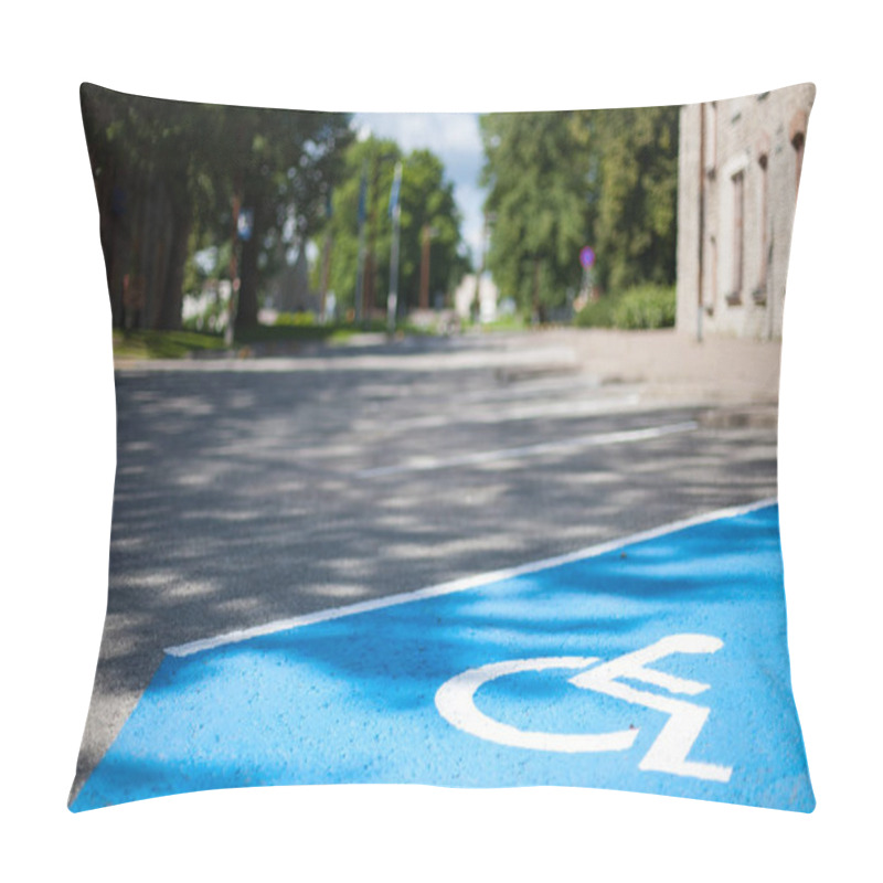 Personality  Closeup Of An Empty Handicapped Reserved Parking Space Painted Blue With A White Wheelchair Symbol On Black Asphalt In The City Pillow Covers