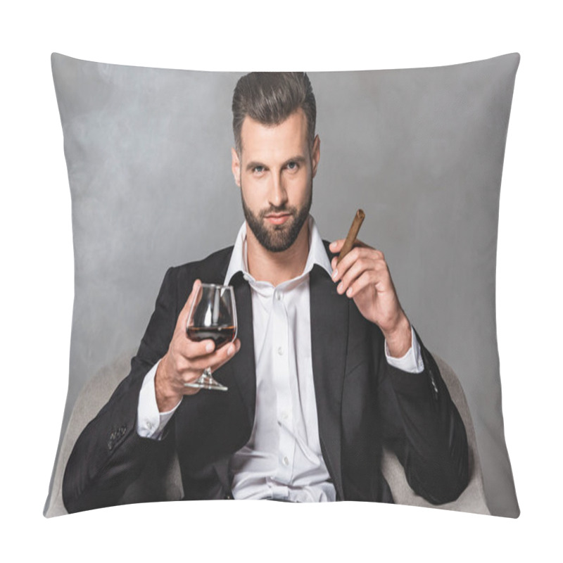 Personality  Successful Businessman In Black Suit Sitting In Armchair With Cigar And Whiskey In Smoke Pillow Covers