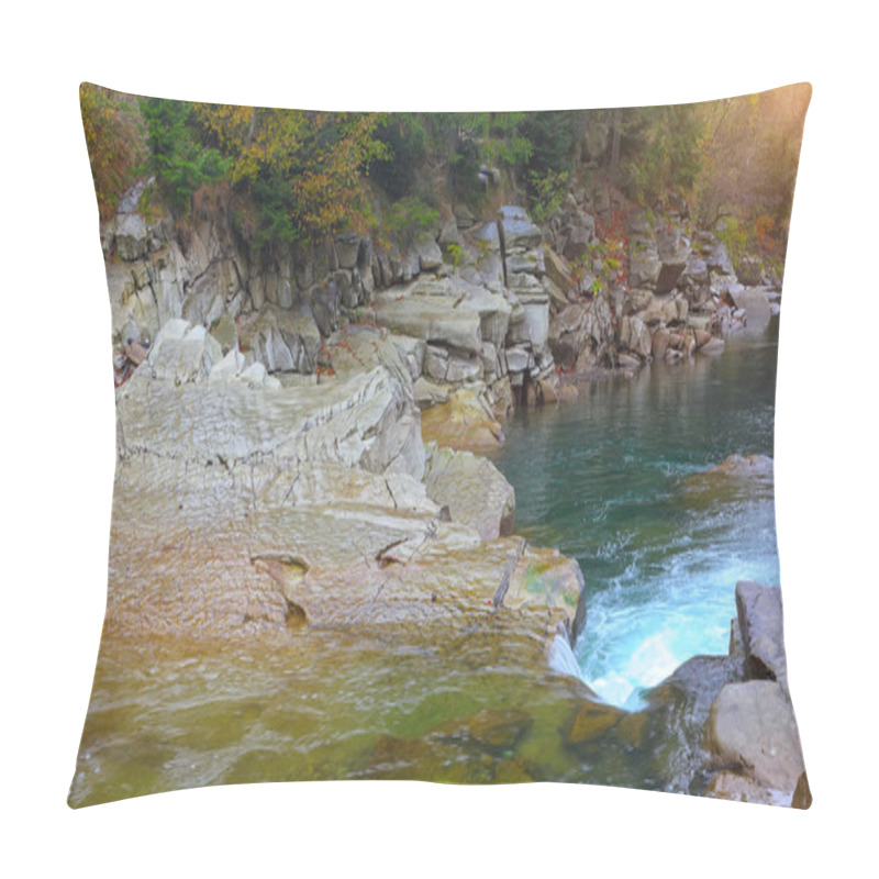 Personality  Rapids On A Rocky Mountain River In Autumn Pillow Covers