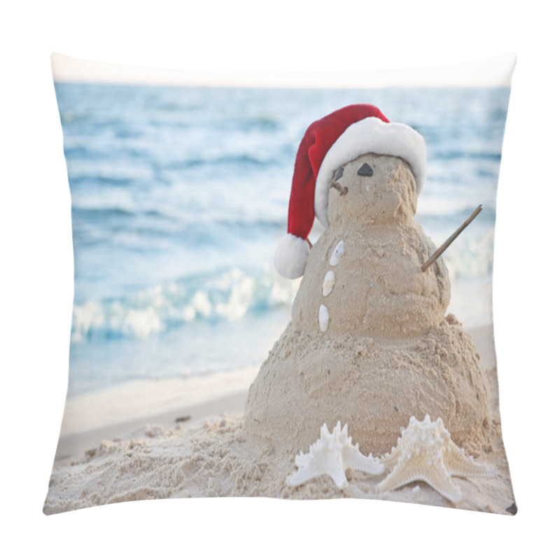 Personality  Snowman Made Of Sand On Beach.  Pillow Covers