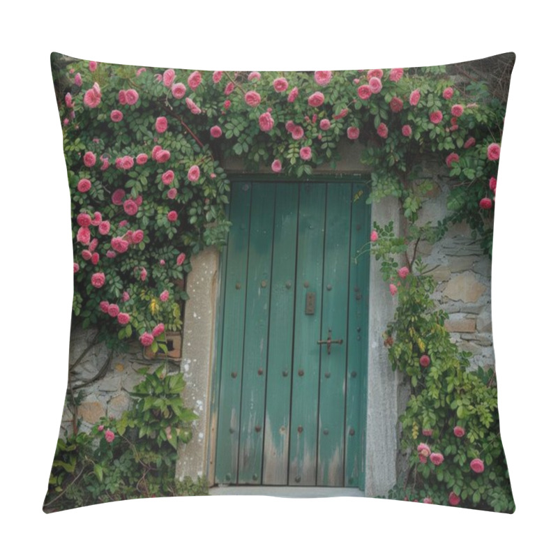 Personality  A Charming Rustic Green Door Surrounded By Blooming Pink Roses, Evoking A Sense Of Tranquility And Natural Beauty. Pillow Covers