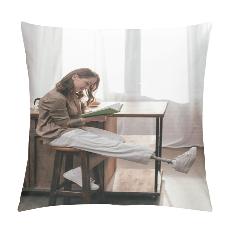 Personality  Side View Of Smiling Woman With Leg Prosthesis Reading Book Beside Table At Home Pillow Covers