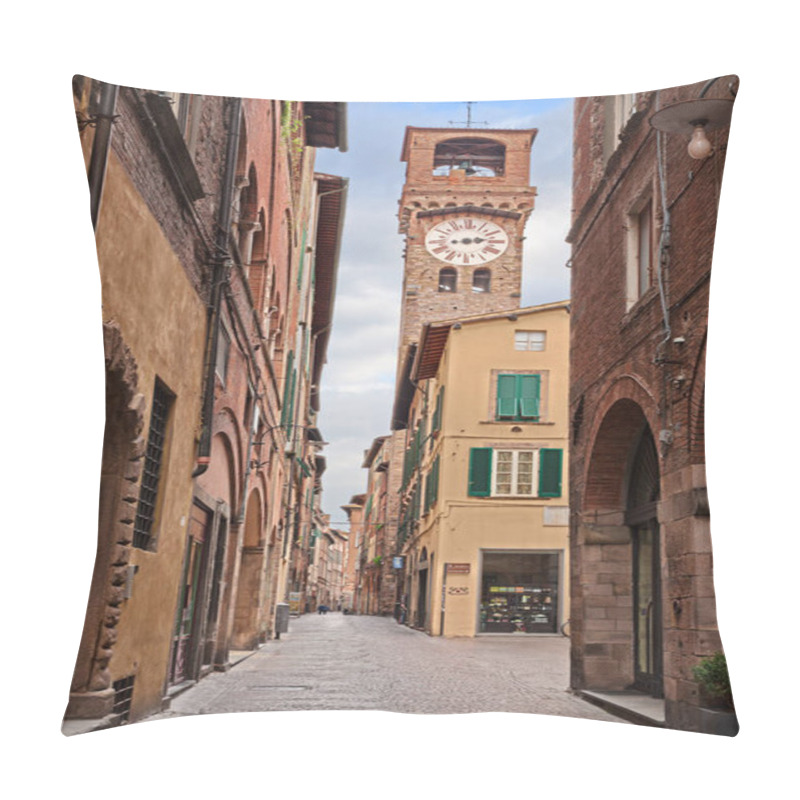 Personality  Lucca, Tuscany, Italy: The Main Street Of The Old Town Via Fillungo With The Medieval Clock Tower Torre Delle Ore Or Torre Dell'Orologio Pillow Covers