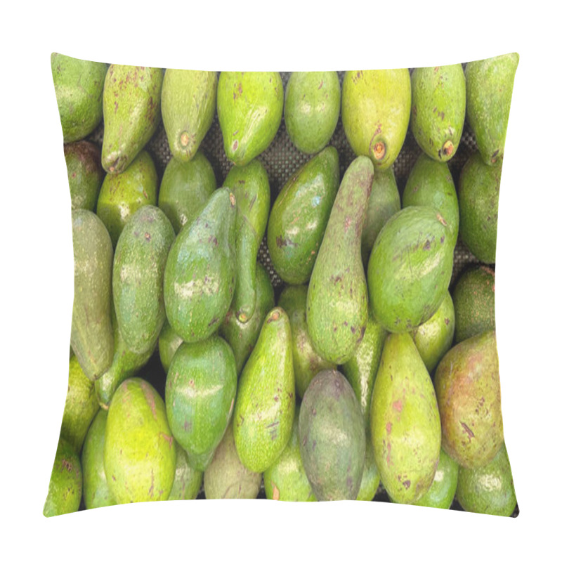 Personality  Close Up Of Green Avocado Fruit Displayed On Avocado Display Tray In A Fruit Market. Pillow Covers