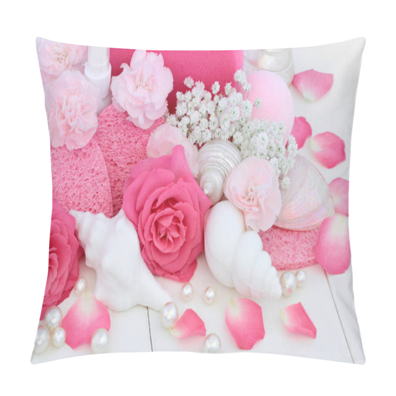 Personality  Cleansing Spa Beauty Treatment Products With Pink Roses And Carnation Flowers, Shell Shaped Soaps, Bath Bomb, Sponges With Decorative Seashells And Pearls On White Wood Background. Pillow Covers