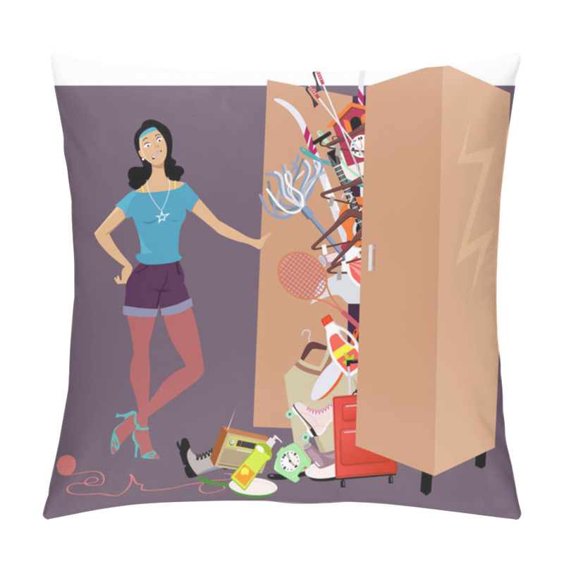 Personality  Woman Looking At Her Possessions Falling Out Of A Overfilled Closet, EPS 8 Vector Illustration Pillow Covers