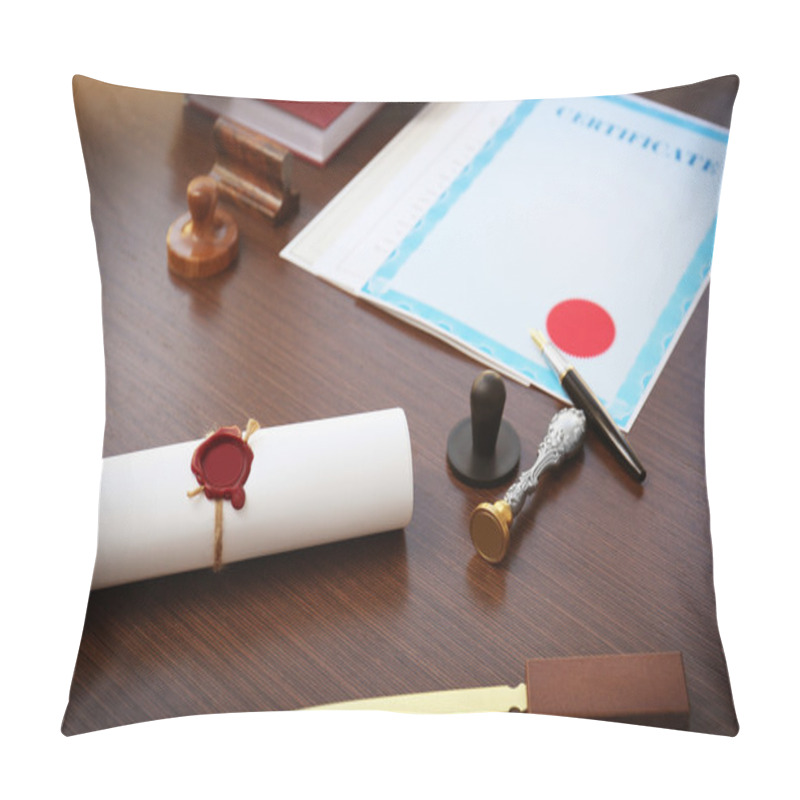 Personality  Tied Scroll With Old Notarial Wax Seal And Stamp On Table Pillow Covers