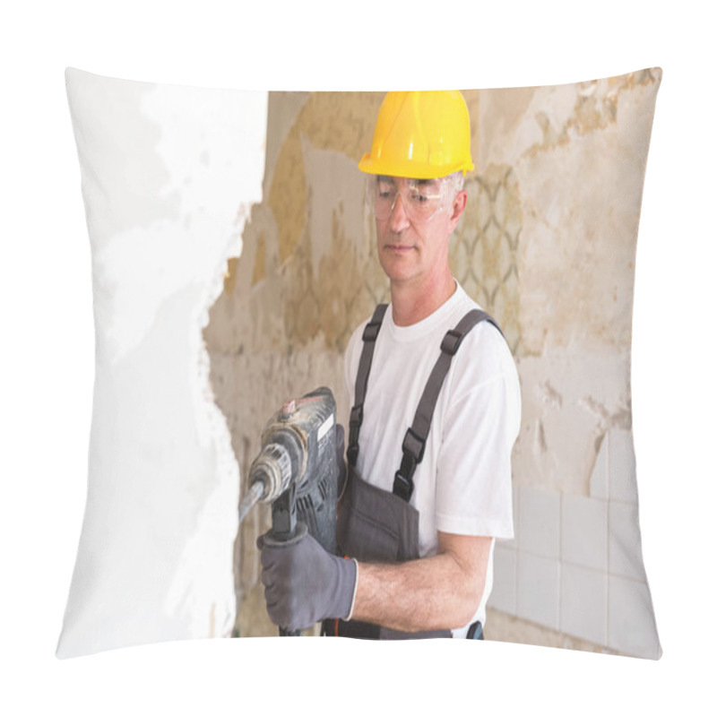 Personality  Senior Worker Using Drill At Contruction Site Pillow Covers