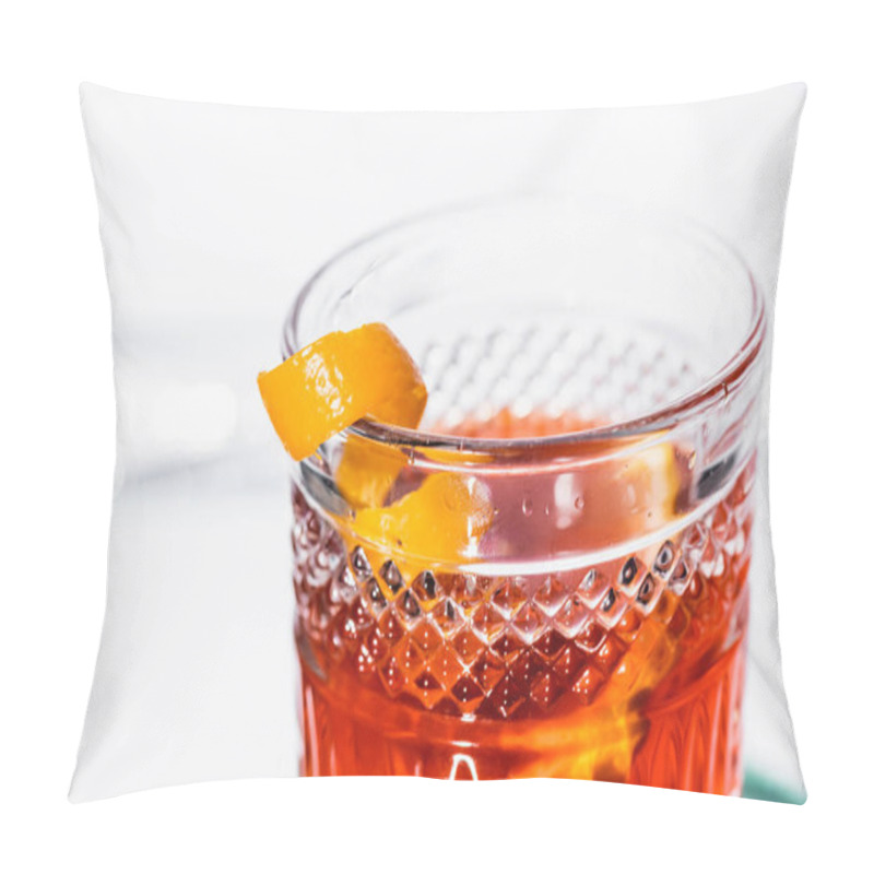 Personality  Close Up Of Orange Peel In Glass With Alcohol Cocktail On White Pillow Covers