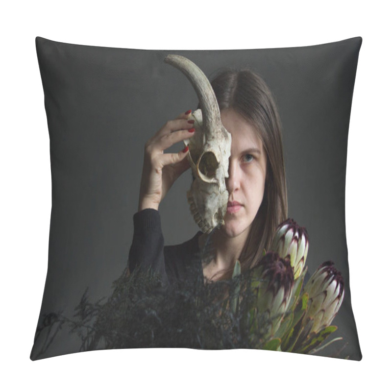 Personality  Portrait Of A Young Dark-haired Girl Holding Half A Goat Skull In Front Of Her Face And A Bouquet Of Black Proteas And Asparagus, Duplicity Concept Pillow Covers