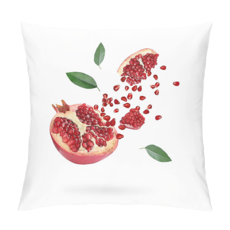 Personality  Juicy Ripe Pomegranate And Green Leaves Flying On White Background Pillow Covers