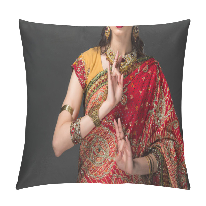 Personality  Cropped View Of Indian Woman In Traditional Clothing Showing Window Wisdom Mudra, Isolated On Grey  Pillow Covers