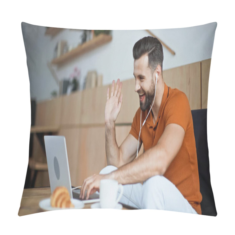 Personality  Happy Man In Earphones Having Video Call In Cafe Pillow Covers