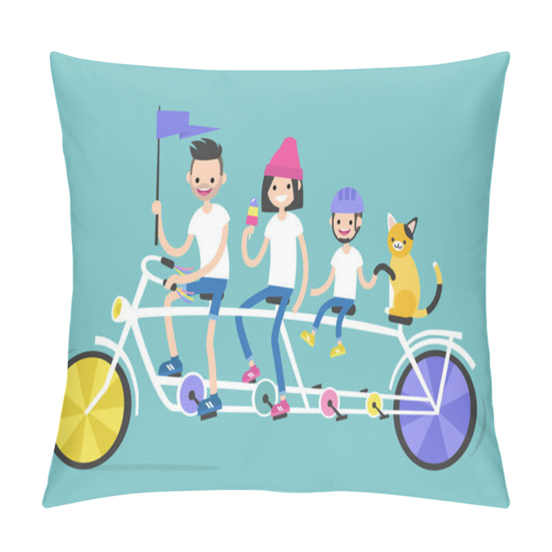 Personality  Young Family Riding A Tandem Bicycle With Four Seats. Family Vacations. Together. Bright Vector Illustration, Clip Art Pillow Covers