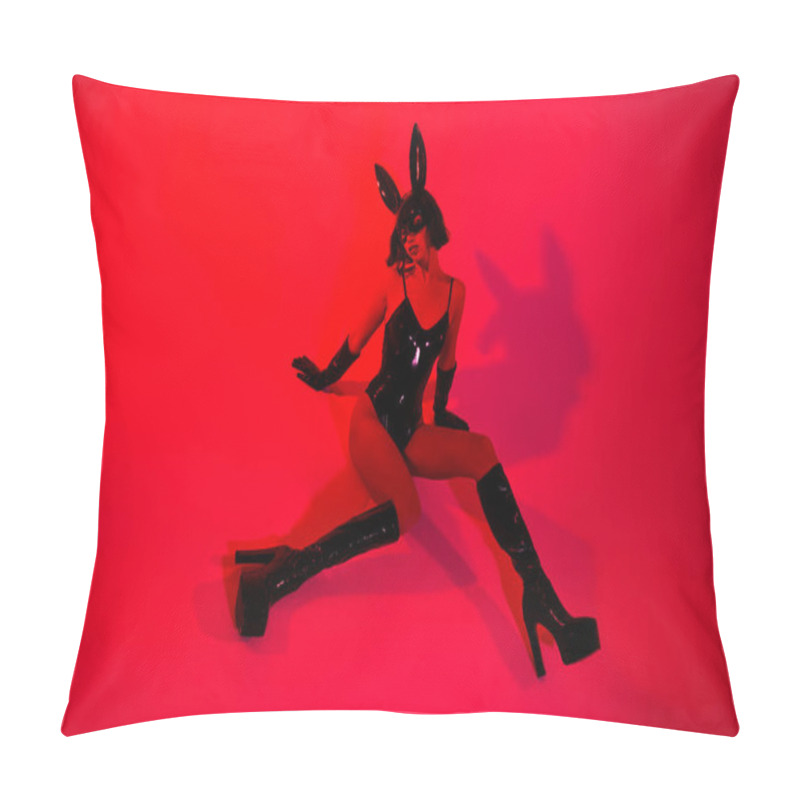 Personality  Photo Of Girl Sit Posing Feel Tempting Wear Black Leather Rabbit Costume Isolated Red Color Background. Pillow Covers