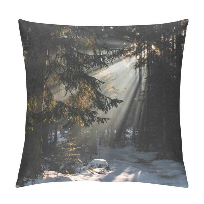 Personality  Sunset In The Wood Between The Trees Strains In Winter Period, Sunset In A Winter Forest. Pillow Covers