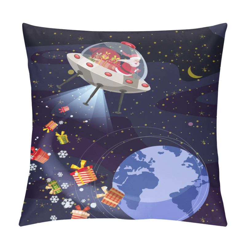 Personality  Merry Christmas Santa Claus Flying In UFO Spaceship Flying Saucer With Gift Boxes In Space Earh Night. Vector Illustration Isolated Cartoon Style Pillow Covers