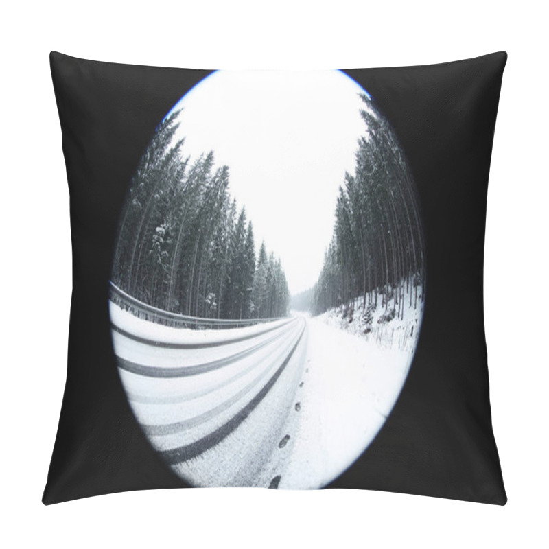 Personality  Beautiful View Of Conifer Forest Near Road On Snowy Winter Day, Fish Eye Effect Pillow Covers