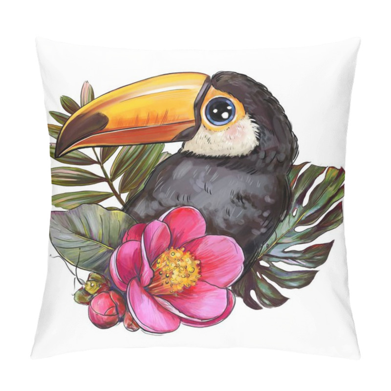 Personality  Toucan With Pink Flowers, Cute Children's Illustration, Best T-shirt Print Pillow Covers