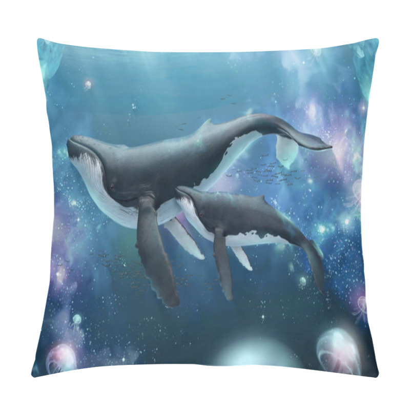 Personality  Mother Humpback Whale Swimming With Her Calf In Surreal Nebula Ocean, 3d Illustration Pillow Covers