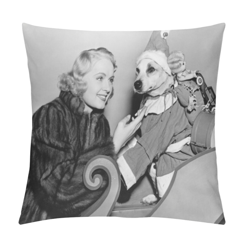 Personality  Woman With Dog In Christmas Outfit Pillow Covers