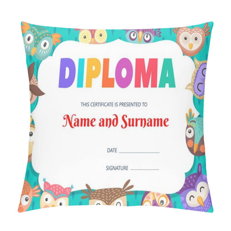 Personality  Kids Diploma With Funny Owls And Owlets Vector Template. Educational School Or Kindergarten Certificate With Cute Birds Characters, Graduation Or Achievement Award Frame For Children, Cartoon Design Pillow Covers