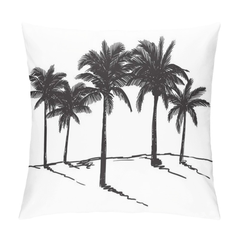 Personality  Silhouettes Of Palm Trees On A Wild Beach. Vector Sketch On White Background Pillow Covers