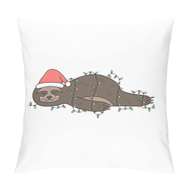 Personality  Christmas Sloth Vector Illustration. Cute Hand Drawn Sloth With Santa Hat Lying Wrapped In Xmas Lights. Isolated Cartoon Drawing. Pillow Covers