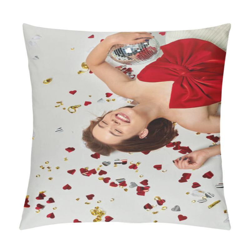 Personality  New Year, Excited Woman With Disco Ball Lying On Floor Near Confetti On Grey Backdrop, Top View Pillow Covers